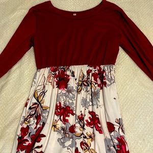 Burgundy Flowered Long Sleeve Maxi Dress